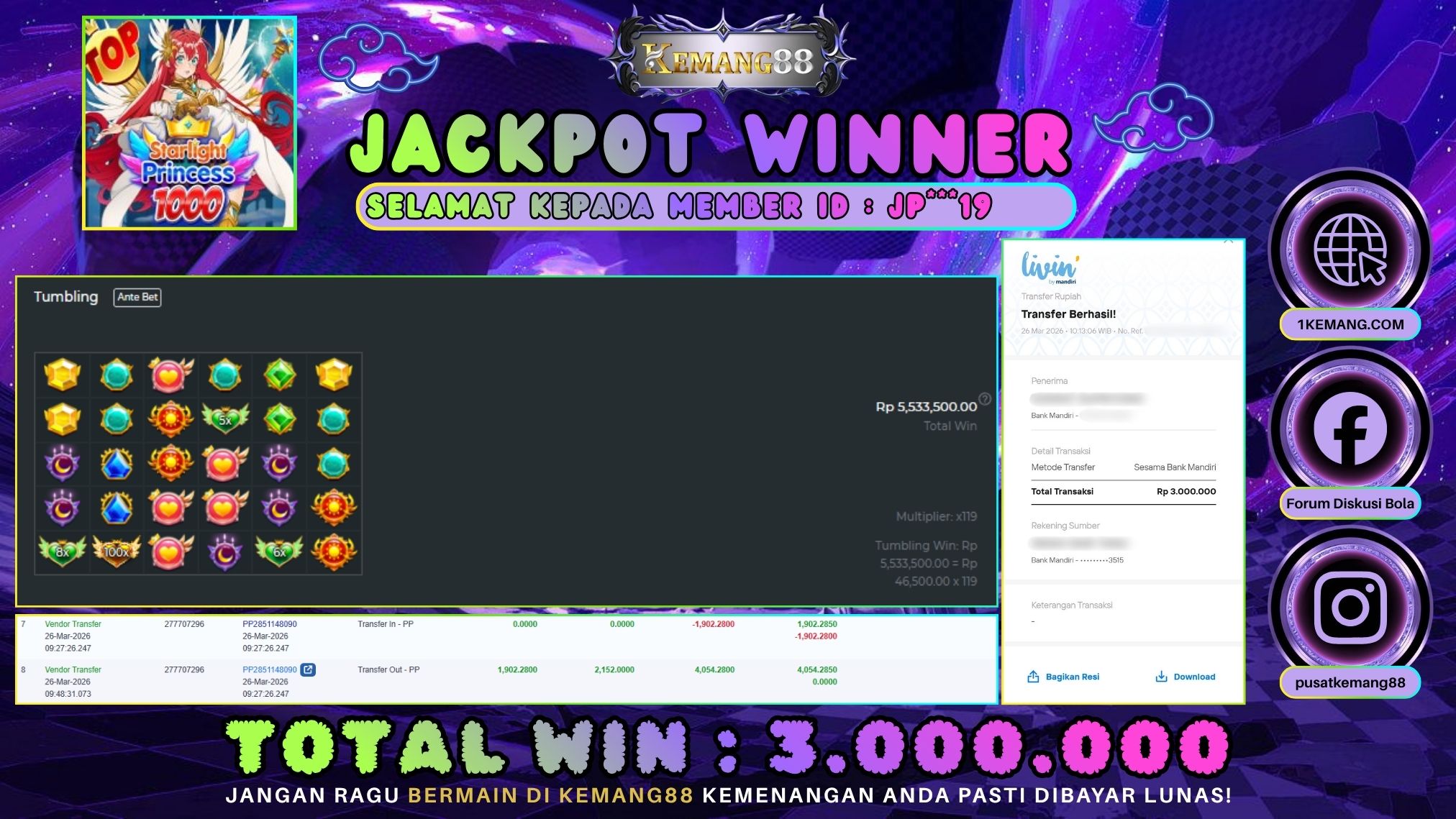 KEMANG88 [26 Maret 2026] : JACKPOT SLOT : STARLIGHT PRINCESS 1000 [PP] Rp. 3.000.000.,- LUNAS